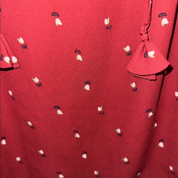 LOFT XS Burgundy Floral Tie Neck Blouse Cottagecore Boho Long Sleeve - Picture 5 of 8
